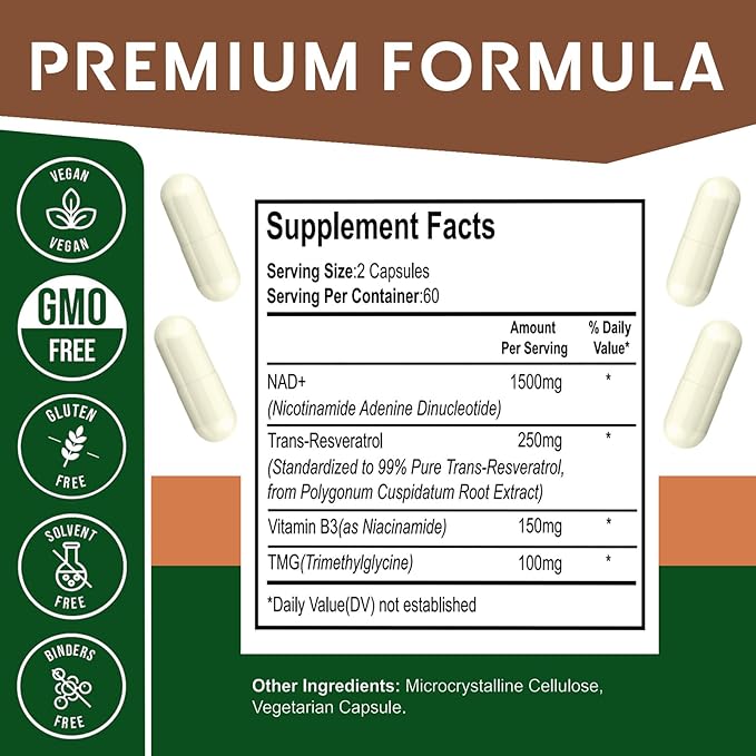 NAD+ Resveratrol Supplement 120 Capsules, Supports Healthy Aging, Cellular Energy, Metabolism & Brain Boost for Men & Women