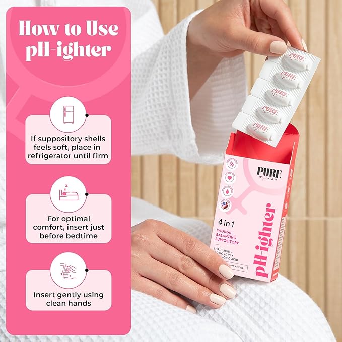 PURE WOMAN - pH-ighter Vaginal Boric Acid Suppositories for Women - Hyaluronic Acid - 4 in 1 Vaginal Suppositories for Discomfort, Dryness, Odor & pH Balance- Full Vaginal Health Care - 10ct