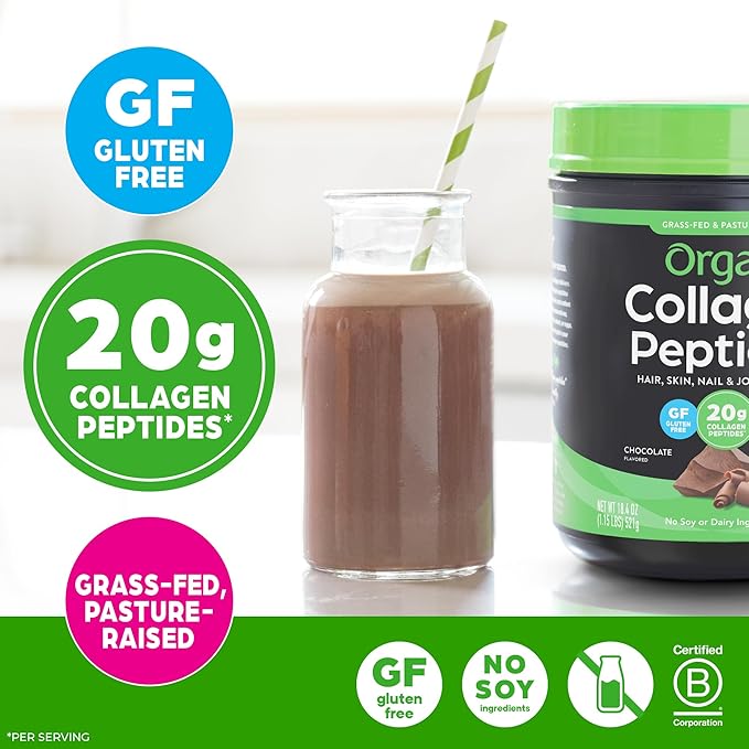 Orgain Hydrolyzed Collagen Peptides Powder For Women & Men, Chocolate, 20g Grass Fed Collagen - Hair, Skin, Nail, & Joint Support Supplement, Paleo & Keto, Non-GMO, Type I and III, 1lb