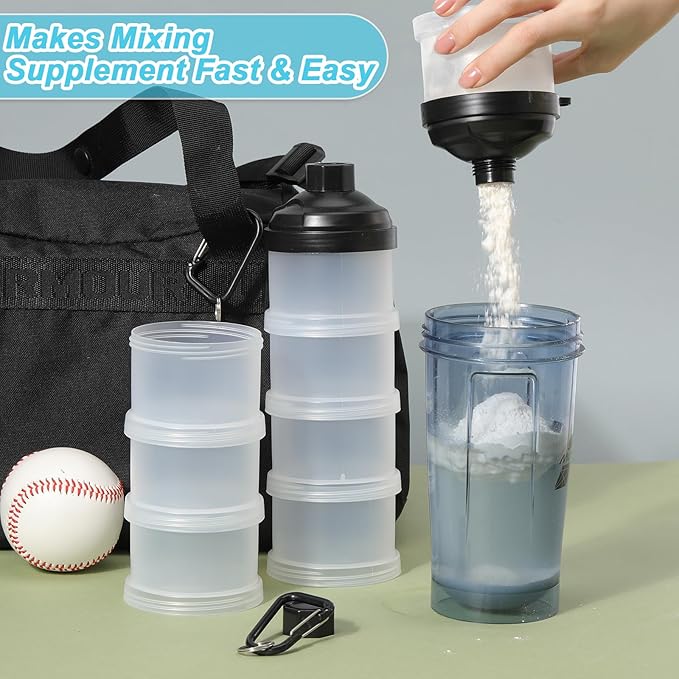 Baderke 2 Pcs Protein Powder Travel Container with Funnels Stand, 4 Layers Stackable Travel Powder Container Formula Supplement Organizer Storage Holder for Workout Fitness(Black)