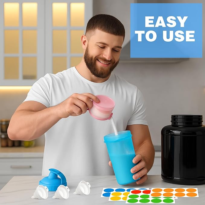 Shinylin Protein Powder Travel Container Set Reusable Powder Supplement Container 7 Pcs Single Dose Cases and 1 Pcs Large Travel Containers Drawstring Bags