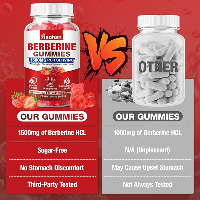 Haohan Berberine Gummies, 1500mg High Potency Berberine HCl, Ceylon Cinnamon, Milk Thistle, Immune System & Metabolism Support, Vegan, Strawberry Flavor, 120 Count