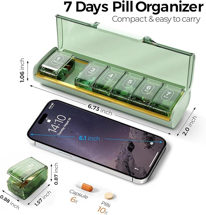 Weekly Pill Organizer,Portable 7 Day Pill Box,Moisture Proof Medicine Pill Organizer,Travel Pill Case with BPA-Free Material,Pocket-Size for Supplements & Vitamins (Green)