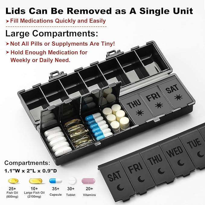Foldable Pill Organizer 2 Times a Day w/Etched Labels -Dual Protection & Portable Weekly AM PM Pill Box, 7 Day Medicine Container, Large Travel Pill Case for Week Daily Supplement Vitamin - All Black