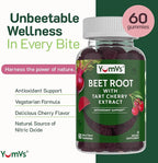 YUM-V'S Beet Root Gummies with Tart Cherry Extract - Berry Flavor Beetroot Gummies - Beet Chews for Blood Circulation and Antioxidant Support - Red Beets Gummies Berry 60 Count (Pack of 2)