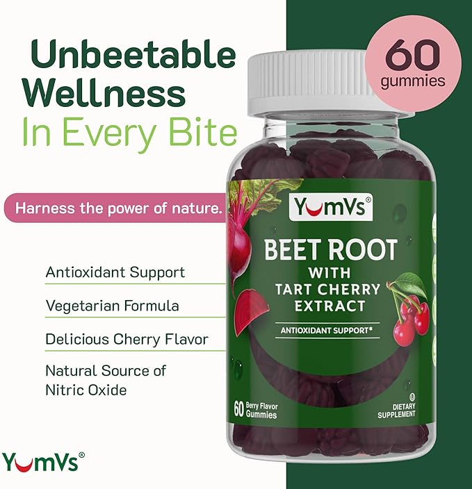 YUM-V'S Beet Root Gummies with Tart Cherry Extract - Berry Flavor Beetroot Gummies - Beet Chews for Blood Circulation and Antioxidant Support - Red Beets Gummies (Berry 60 Count (Pack of 1)