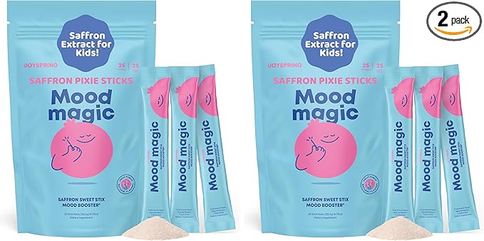 JoySpring Mood Magic for Kids – Natural Mood Support Pixie Sticks Candy with Saffron Extract, Magnesium Citrate & Vitamin D3 | Sugar-Free Powder Drink or Candy | 25 Servings | 4+ Years (Pack of 2)