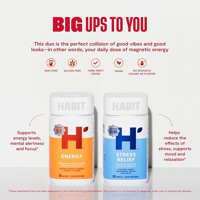 Habit Huge Mood Bundle - Energy (60 Capsules) + Stress Relief (60 Capsules) Supplements. Supports Alertness and Focus, Supports Relaxation & Mood Balance, Vegan, Non-GMO