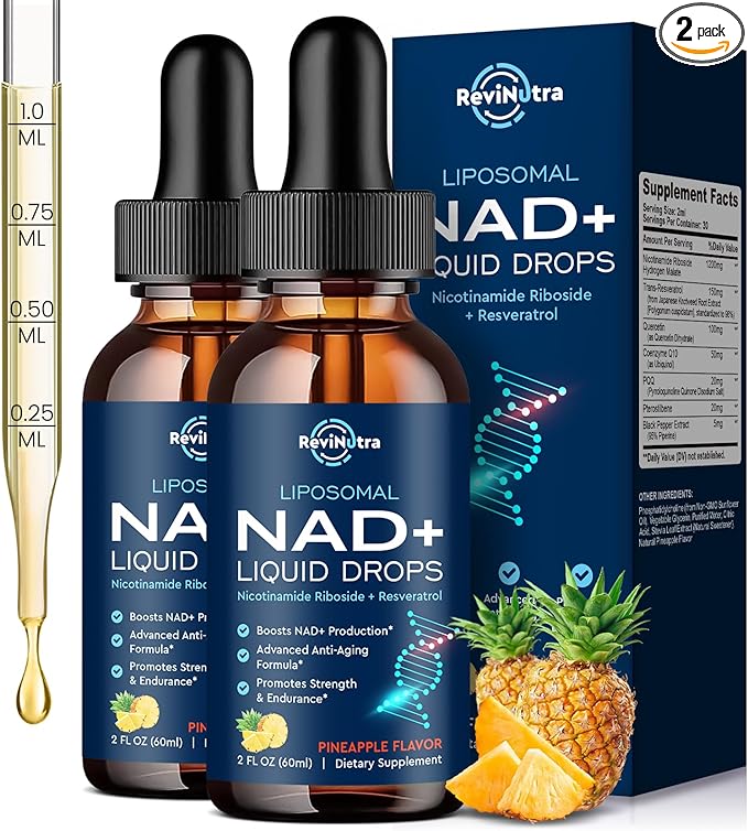 Liposomal NAD Supplement - 1200mg NAD+ Liquid Drops for Women & Men, Nicotinamide Riboside with Resveratrol, PQQ, CoQ10, Quercetin for Anti-Aging, Brain & Cellular Mitochondrial, Pineapple 4 Fl Oz