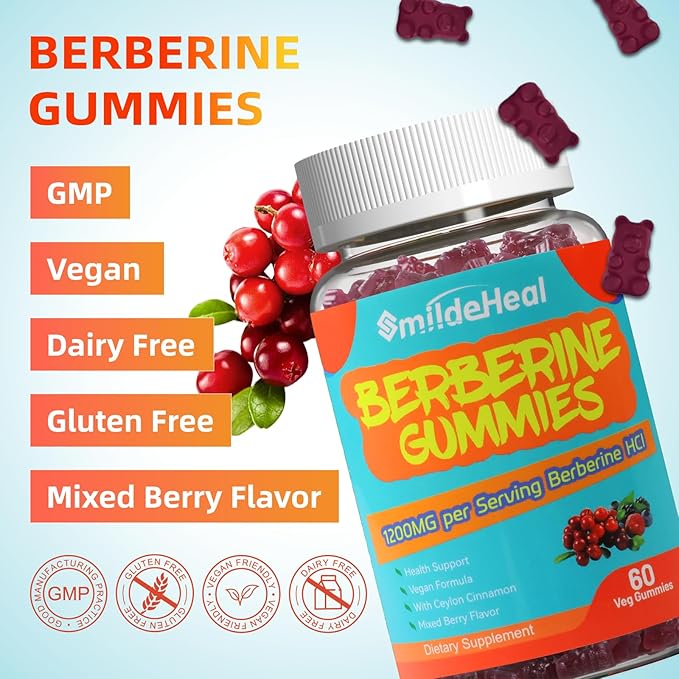Berberine Gummies 1200mg with Ceylon Cinnamon 200mg, Milk Thistle Extract & Turmeric, Vegan Berry Flavor, Non-GMO, Gelatin-Free, Gluten-Free, 60 Count