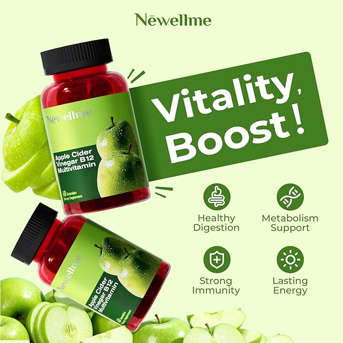 NEWELLME Sugar-Free Apple Cider Vinegar Gummies for Metabolism - 1000mg ACV with The Mother & Vitamin B12 for Energy Support - Vegan, Gluten-Free,120 Counts