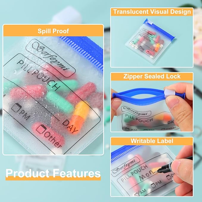 Serfeymi 114 Pcs Pill Pouch Bags for Travel Reusable Plastic Bags 3"x3" 12 mil (Double Sided) Translucent Zipper Pill Pouches for Medicine with Slide Lock & Writable Label, 1x Marker-White+Blue+Yellow