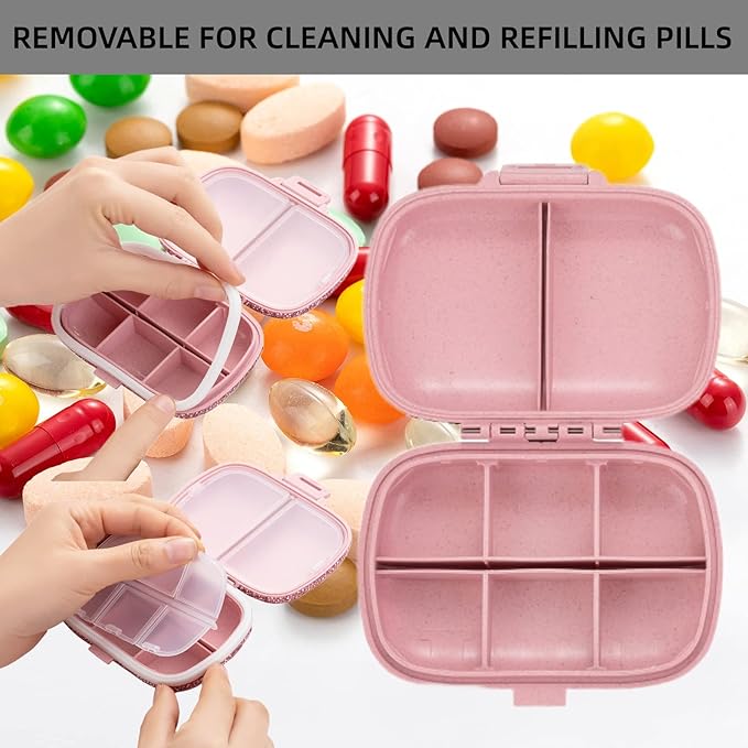 Cute Pill Organizer Small Bling Pill Case for Purse Medicine Vitamin Container Holder Daily Pill Box Container for Women Travel Medicine Kit(Letter B Pink)