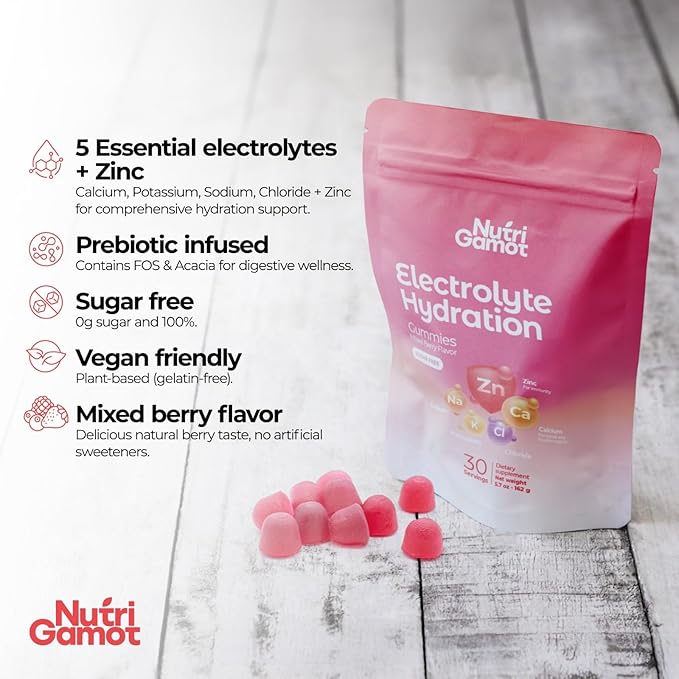 Electrolyte Hydration Gummies Sugar Free | Mixed Berry Flavor - 5 Essential Electrolytes for Runners, Post-Workout Recovery & Endurance – Energy Support Chews, Great Taste, 60 Gummies