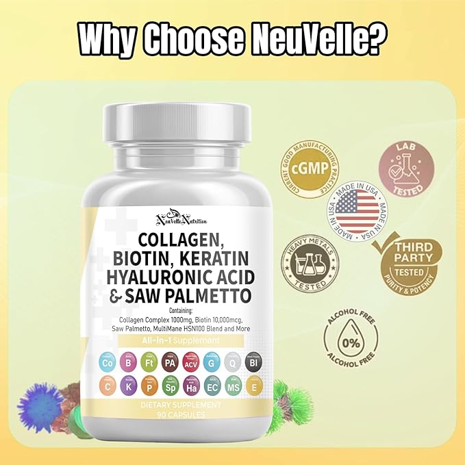16 in 1 Collagen Supplement - Peptides Types I,II,III & V with Biotin, Keratin, Hyaluronic Acid, Saw Palmetto, Vitamins C & E, Apple Cider Vinegar & PABA - Nail Skin & Hair Health Support Capsules