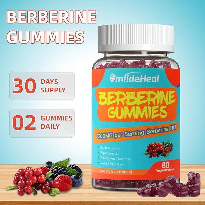 Berberine Gummies 1200mg with Ceylon Cinnamon 200mg, Milk Thistle Extract & Turmeric, Vegan Berry Flavor, Non-GMO, Gelatin-Free, Gluten-Free, 60 Count