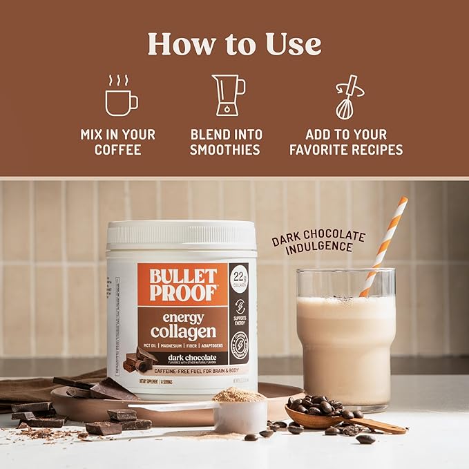 Bulletproof Dark Chocolate Energy Collagen Protein, 19.3 Ounces, Caffeine-Free Fuel with Vitamins and Antioxidants, Blend with Ginseng, Magnesium, Cordyceps Mushroom