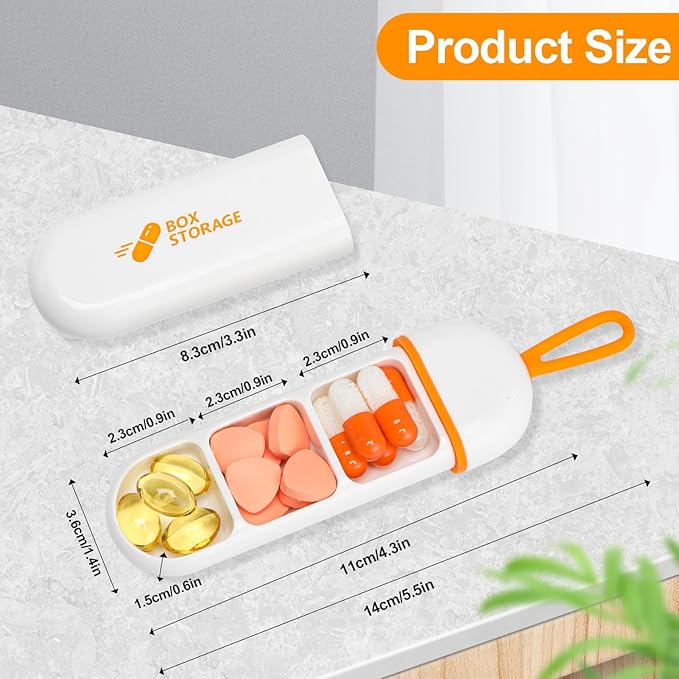 Toplive Travel Pill Organizer, Portable Pill Container Mini Daily Pill Organizer, Small Pill Case Travel Medicine Organizer Pocket Vitamin Supplement Fish Oil Box, White Orange