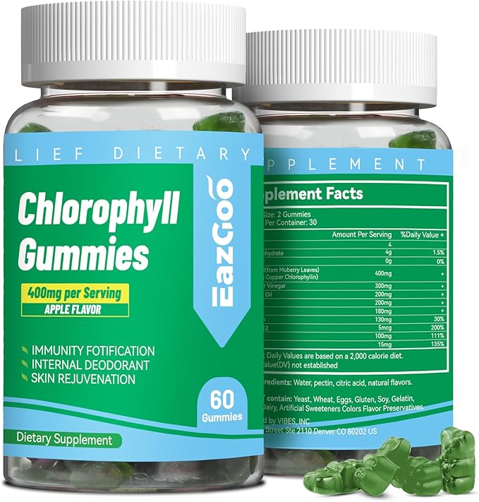 Sugar Free Chlorophyll Gummies, Vitamin B12 Zinc - Natural Deodorant*, Supports Healthy Skin & Body Detox*, Immune & Digestion Support, Chewable Chlorophyll Supplement for Women - 60 Count