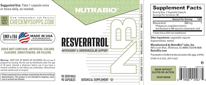 NutraBio 98% Pure Resveratrol Supplement 500mg - Standardized to 490mg Trans Resveratrol, Heart Health and Antioxidant Defense - 90 Capsules