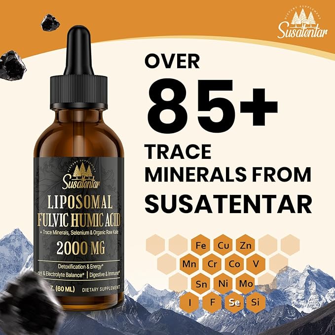 2000 MG Liposomal Fulvic Acid + Humic Acid + Trace Minerals Complex - More Potent Than Shilajit, Electrolytes Liquid Supplement with Organic Kale for Energy, Digestion, Immunity & pH Balance, 2 Oz