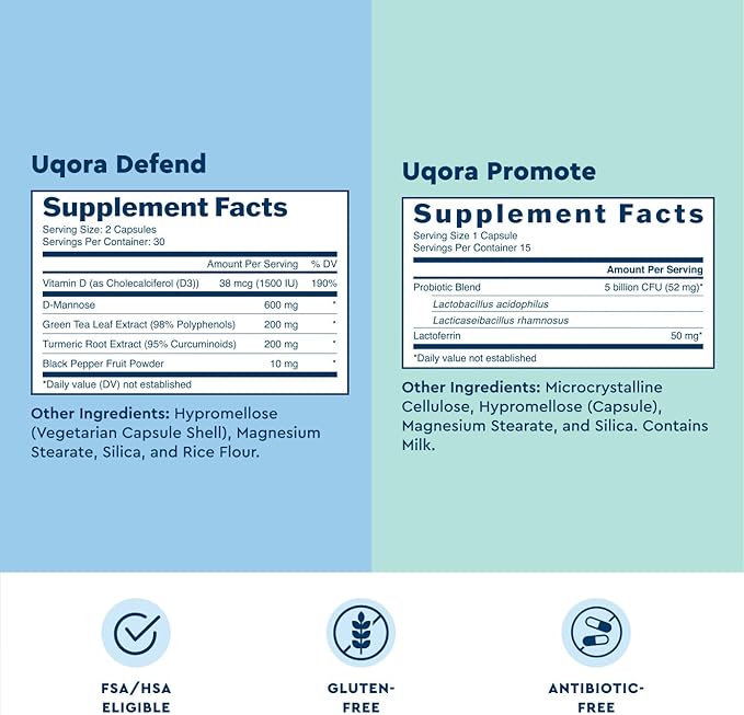 Uqora Defend & Promote - Urinary & Vaginal Health Supplement Bundle for Daily Support - Supports Vaginal Health, Bladder Wall Integrity & Cleanses Biofilm** - Easy to Consume - One-Month Supply