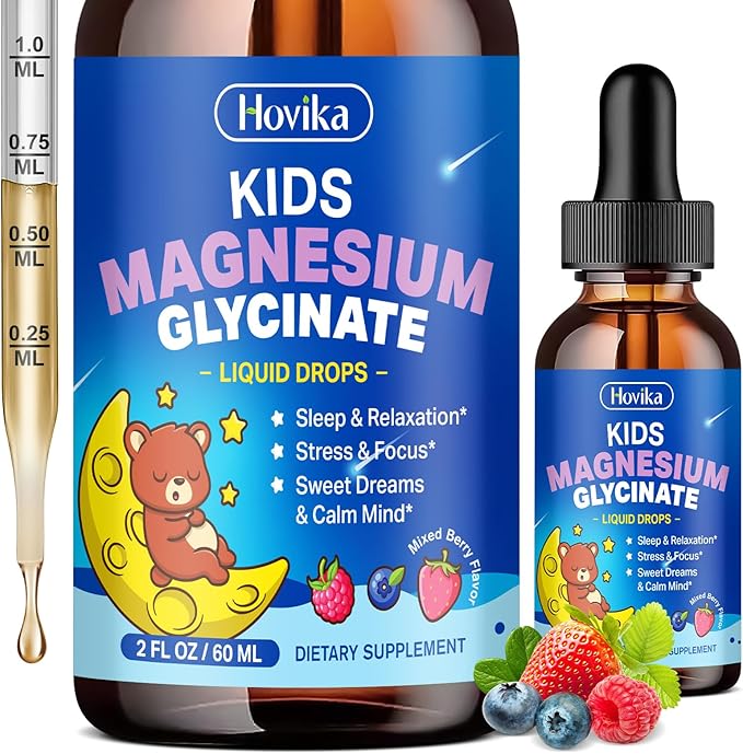 Magnesium Glycinate for Kids - Magnesium Glycinate Liquid Drops with L-Theanine Omega-3, Vitamin B6, D3, Zinc - Support Sleep, Relaxation, Calm & Focus - 2 Fl Oz, Mixed Berry Flavor