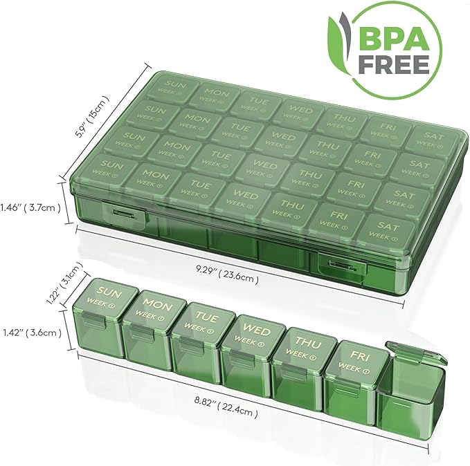 Lifewit Monthly Pill Organizer, 28 Day Pill Box, 4 Weeks One Month Vitamin Cases, Large Compartments Medicine Organizer for Fish Oils, Supplements, 28 Grids, Green