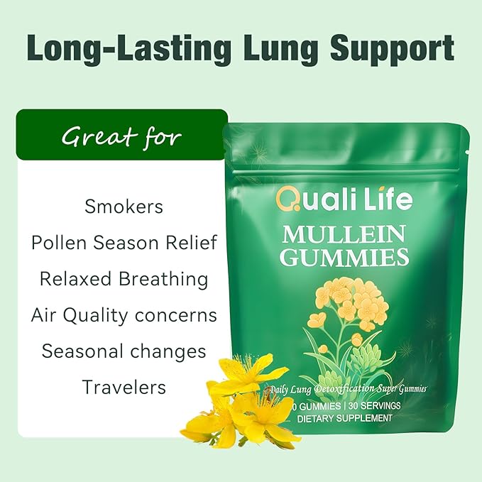Mullein Gummies for Lungs - 2000mg Mullein Leaf Extract for Lung Detox for Smokers, Cleanse, Respiratory, Digestive & Immune Support - Pear Flavor, 60 Gummies