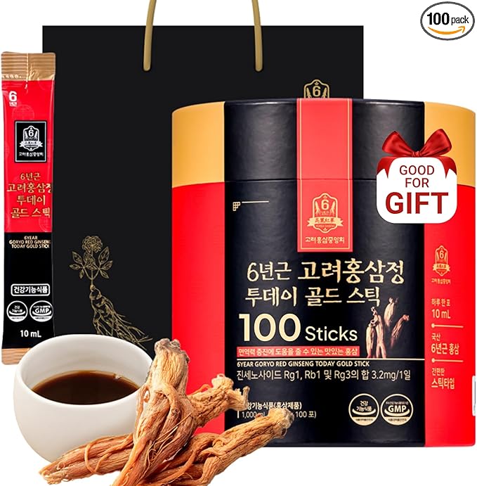 Korean Food 6-Year Korean Red Ginseng Extract Gold Stick, Traditional Ginseng Liquid Supplement, 33.8 fl oz Total (0.34 fl oz / 10 mL x 100 Sticks), Individually Wrapped, Gift Ready