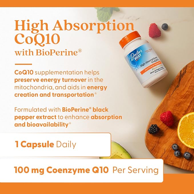 Doctor's BEST High Absorption CoQ10 with BioPerine Supplement - Coenzyme Q10 Caps for Heart Health & Antioxidant Support, Naturally Fermented CoQ10 100mg for Women & Men, Non GMO - 60 Veg Capsules
