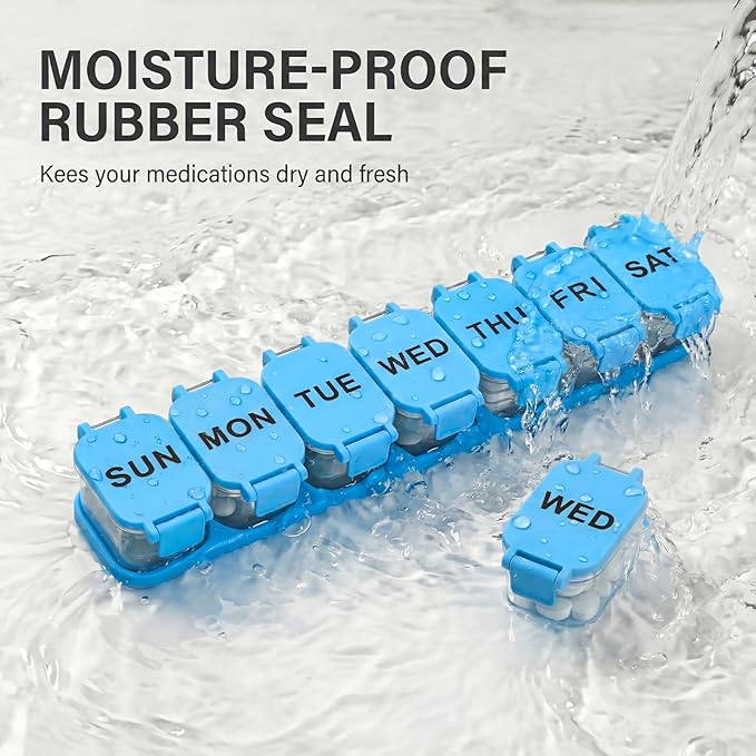 Extra Large Weekly Pill Organizer - Waterproof 7-Day Pill Box, Portable Vitamin & Supplement Case, Easy to Open Design, Ideal for Travel a nd Daily Medication Management (Blue)