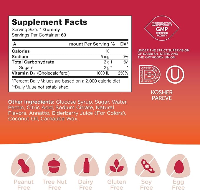 Zahler - Chapter One Vitamin D3 1000 IU Gummies for Kids & Adults (60 Count) - Certified Kosher, Made in USA
