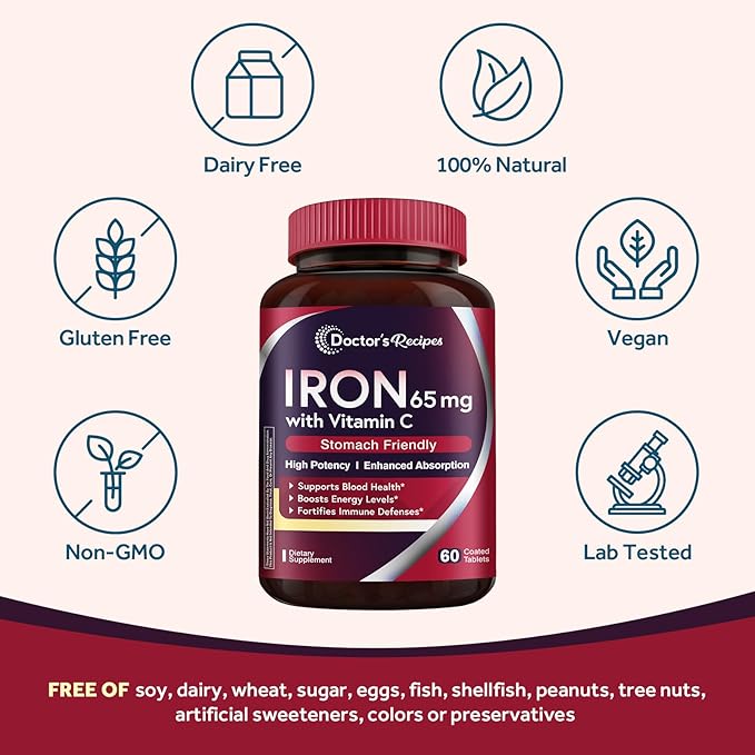 Doctor's Recipes Iron Supplement 65 mg with Vitamin C - Maximized Absorption & Stomach Friendly Iron Pills for Red Blood Cells Formation, Heart, Brain & Immunity Health - Vegan Non-GMO 30 Iron Tablets