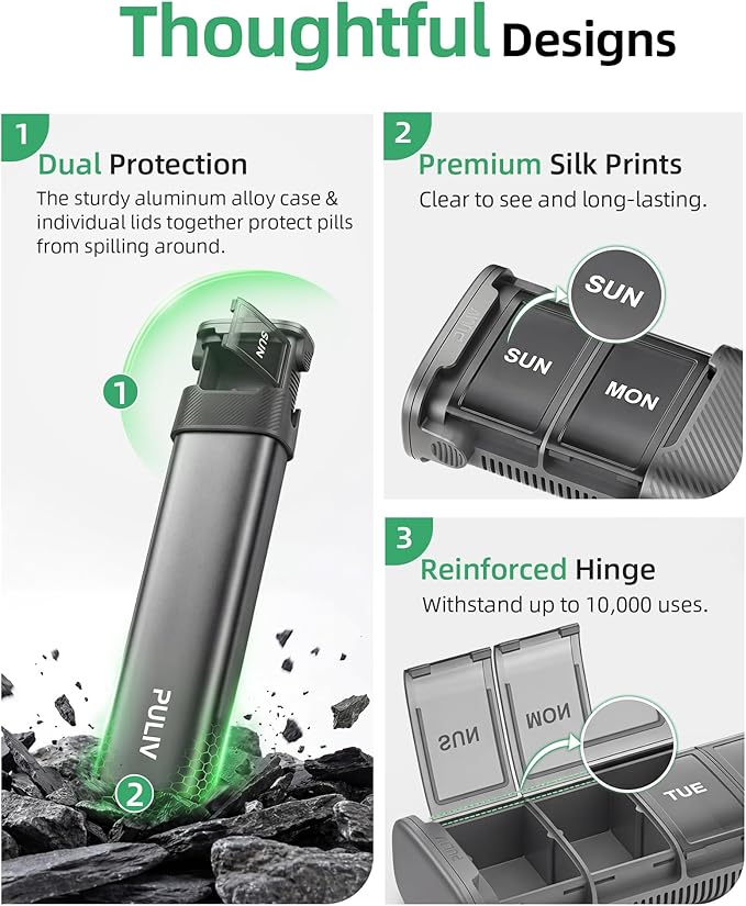 PULIV Metal Weekly Pill Organizer with Sturdy & Sleek Aluminum Alloy Case, Pill Case with Triple Protection Against Spilling, Compact Travel Pill Box 7 Day for Vitamins, Fish Oils, Supplements, Gray
