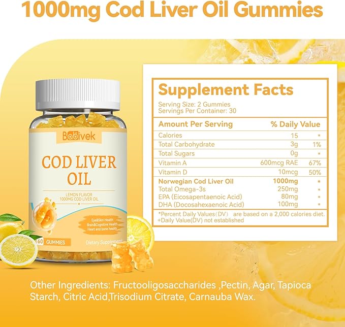 Cod Liver Oil Gummies 1000mg, for Adults & Kids with Omega-3 Vitamin A & D3, Fish Oil Supplement, Supports Eye Health, Brain Function & Bone Health, Sugar-Free, Non-GMO, Gluten-Free 60 Count