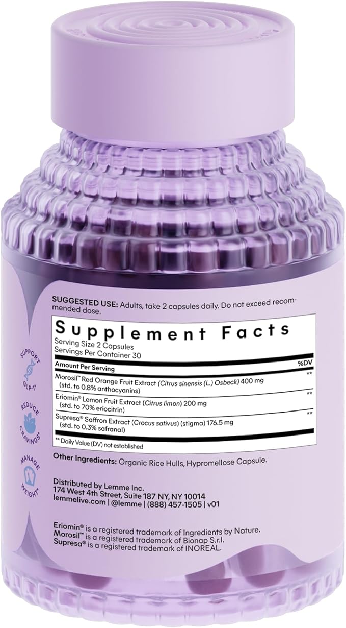 Lemme GLP-1 Daily Support, Clinically Studied Ingredients to Reduce Hunger & Cravings, Promote GLP-1 Production, Support Fat Loss and Weight Management, 1 Month Supply (60 Capsules)