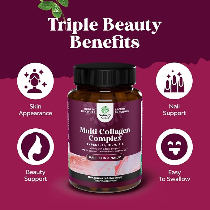 Advanced Multi Collagen Peptides Pills 120ct - Biotin and Collagen Supplement with BioPerine and Hair Skin Nails Vitamins for Women Men - Multi Pills for Women with Types 1 2 3 5 & X