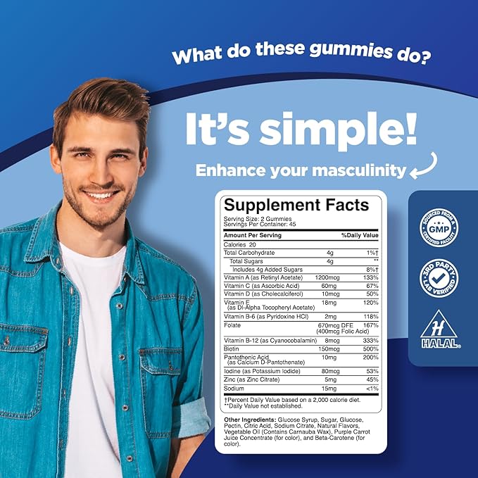 Phytoral Natural Multivitamin for Men Gummies with Zinc - Vitamin D C A & Biotin B6 B12 Full Health Supplement - 90 Count (Pack of 1)