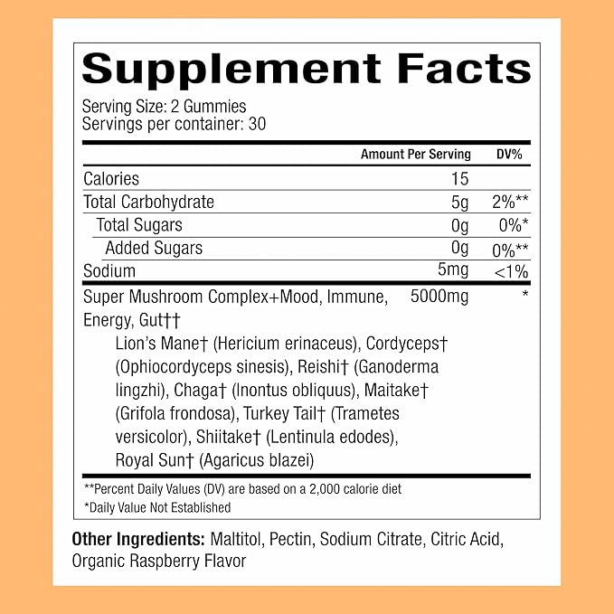 WonderDay Extra Strength Mushroom Gummies – Sugar Free Lion’s Mane, Cordyceps, Reishi & Chaga Supplement for Adults – Mood Boost, Energy, Focus, Immune Support & Gut Health – Vegan, Non-GMO (60 Count)
