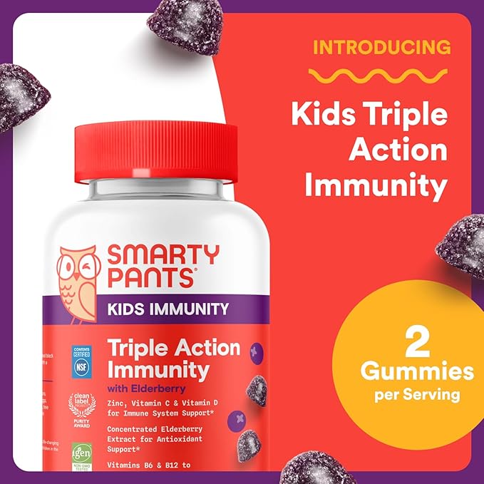 SmartyPants Kids Immunity Elderberry Gummies: Kids Immune Support Supplement, Vitamin C, Vitamin D, Vitamins B6 & B12 and Zinc, Gluten Free, Elderberry Flavor, 60 Count (30 Day Supply) (Pack of 2)
