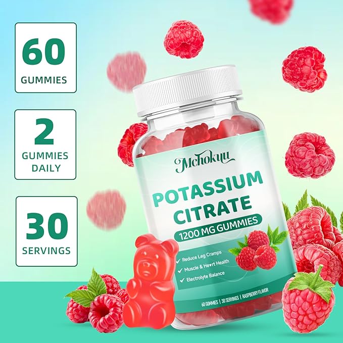 Potassium Citrate Supplement Gummies, Potassium Supplements for Women & Men, Helps Maintain Muscle Wellness & Electrolyte Balance, Vegan, Raspberry Flavor, 60 Count Potassium Gummies