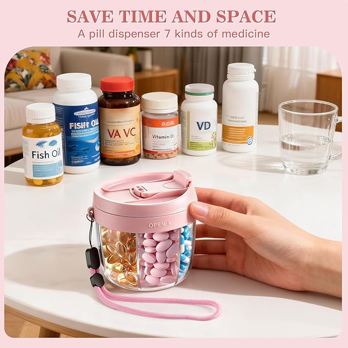 Pill Organizer,Travel Essentials Pill Container, Travel Pill Dispenser with Pink Lid，Pill Case Having 7 Large Compartments,Vitamin Organizer for Home Organization,Travel Containers
