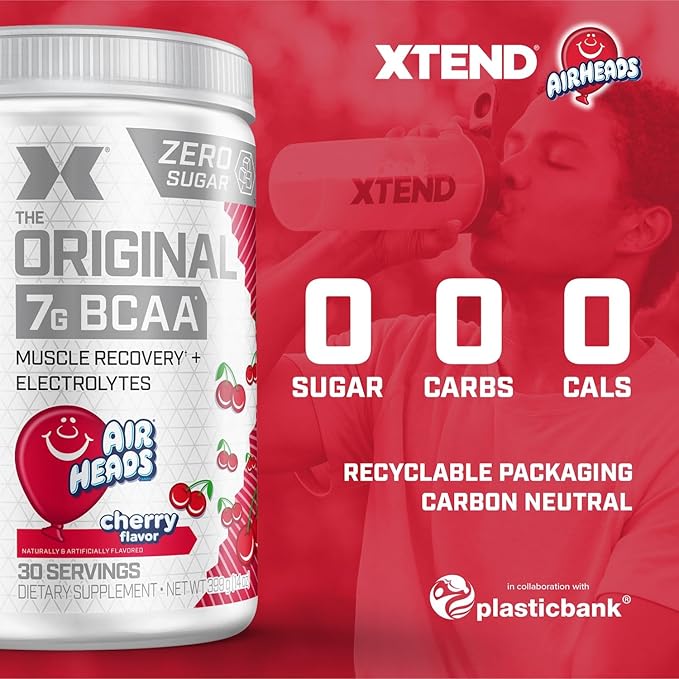 Xtend Original BCAA Powder, 7g BCAAs and 2.5g L-Glutamine for Muscle Recovery Hydration and Lean Muscle, Sugar Free Intra and Post Workout Drink with Electrolytes, Cherry Airheads, 30 Servings