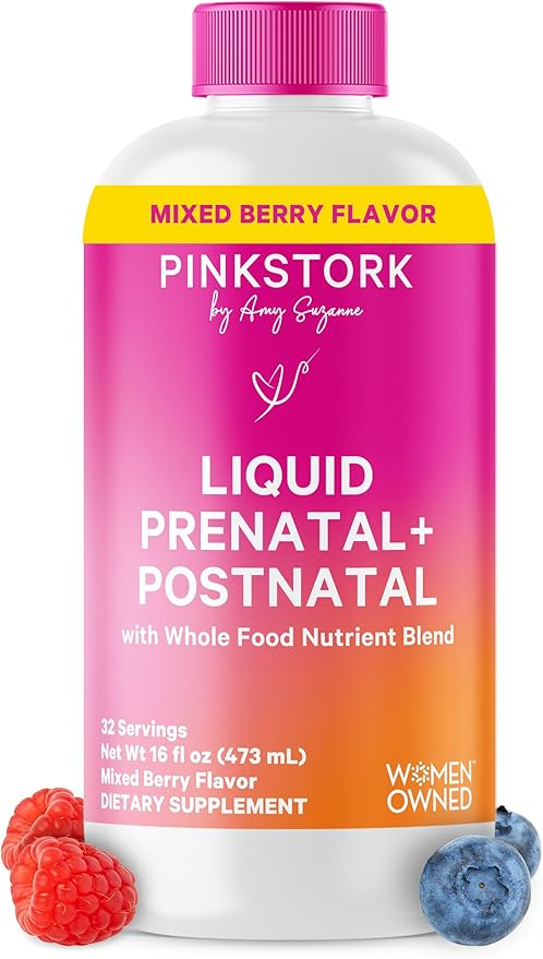 Pink Stork Liquid Prenatal Vitamins for Women - Berry Flavor Organic Food Blend - Fertility, Pregnancy, Postpartum Essentials - Morning Sickness Support - Breastfeeding & Lactation - 32 Servings