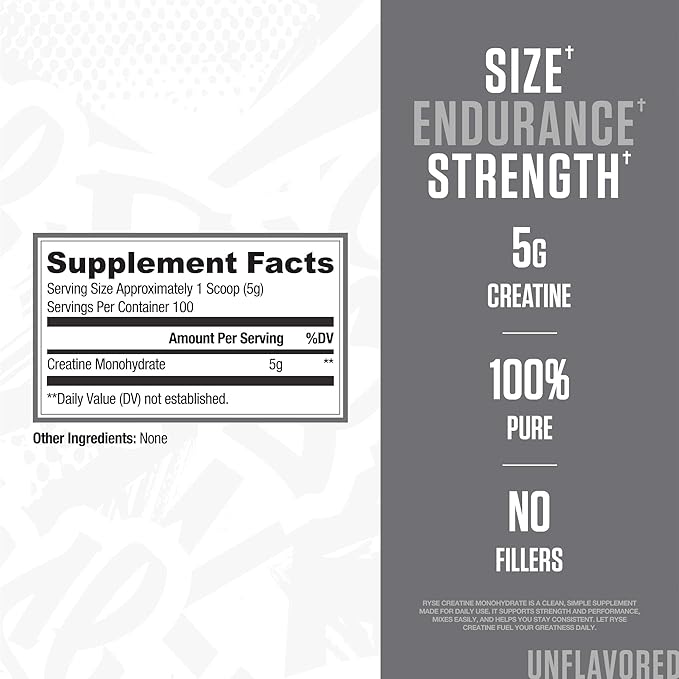 RYSE Creatine Monohydrate Powder - Unflavored - Supports Men & Women Lean Muscle Growth, Strength, Power, and Endurance - Helps Reduce Fatigue and Improve Workout Recovery - 100 Servings.