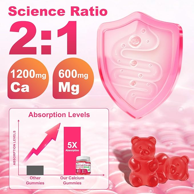 90 Count Calcium Citrate Gummies - Calcium Gummies with Magnesium & 4 Essential Vitamins Support Bone, Muscle, Teeth, Immunity, Calcium Supplements for Women & Men, Strawberry Flavor