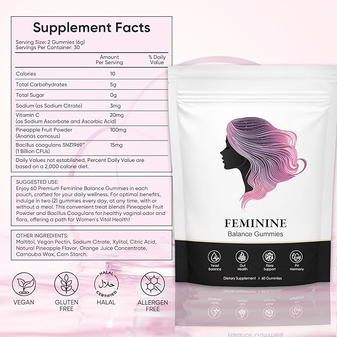Nuora Feminine Balance Gummies for Women, PH Balance, Healthy Odor, Flora and Immune Support, Vaginal Health Support, Vegan Hawaiian Pineapple, 60 Count (1)