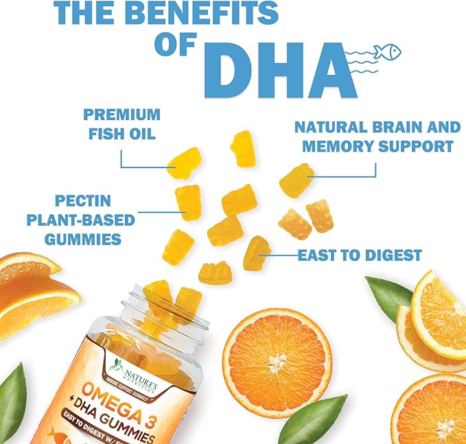 Omega 3 Fish Oil Gummies - Heart Healthy Omega 3 Gummy Supplement with High Absorption DHA & EPA, Extra Strength Joint & Brain Support, Delicious Orange Flavor Fish Oil Nature's Vitamin - 60 Gummies