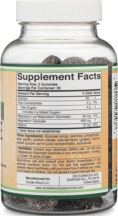 Magnesium Glycinate Gummies (400mg per Serving, 30 Day Supply, Grape Flavored) High Absorption Magnesium Supplement for Adults or Kids by Double Wood Supplements
